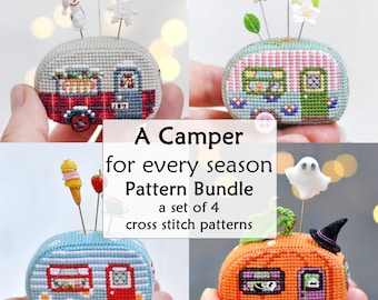 Camper Pincushion Cross Stitch Pattern: Seasonal Vintage Trailer Set (PDF Pattern)