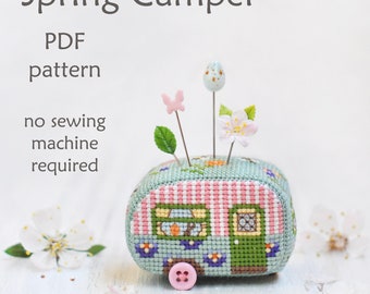 Camping Cross Stitch Pattern. Vintage Trailer Cross Stitch. Spring Cross Stitch Pattern. Retro Camper Cross Stitch. Easter Cross Stitch 3D