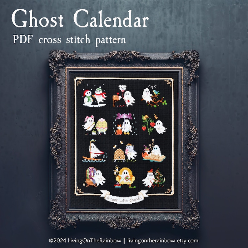 Ghost Calendar Cross Stitch. Ghost Cross Stitch Pattern. Halloween Cross Stitch Pattern. Cross Stitch Calendar Pattern. Cute Ghost Goth PDF image 1