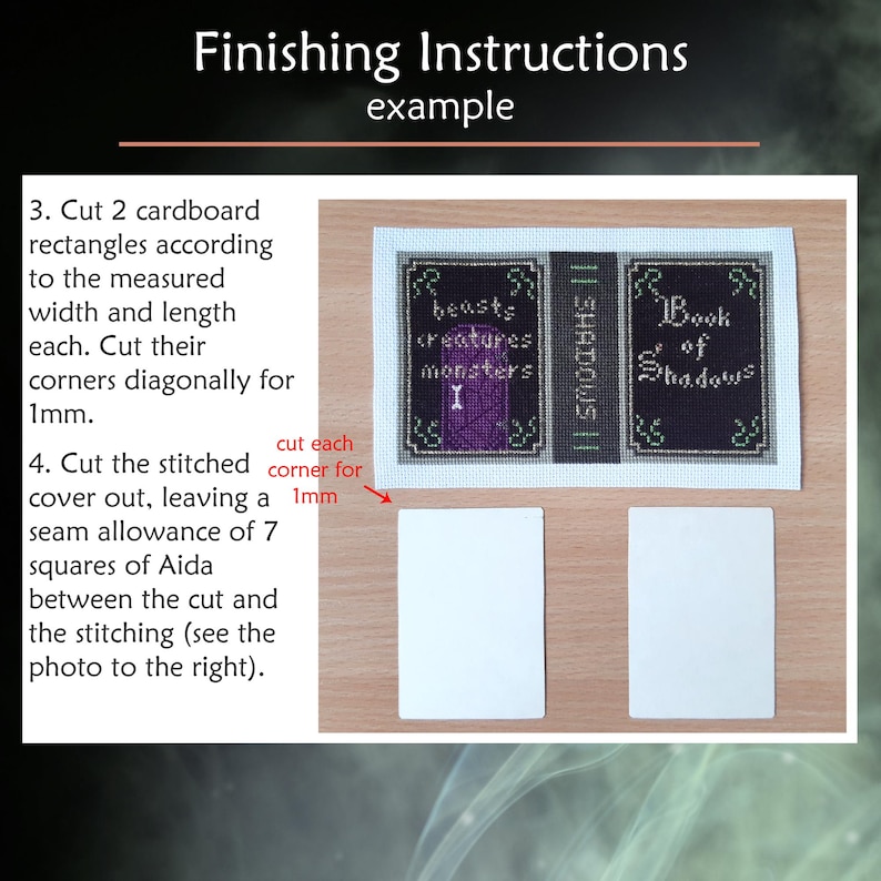 May include: A cross-stitch project with the text "beasts creatures monsters" and "Book of Shadows". The image includes instructions for cutting cardboard rectangles and the stitched cover, with the text "Finishing Instructions example".