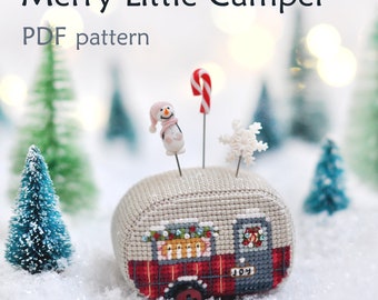 Christmas Camper Cross Stitch. Christmas Cross Stitch Pattern. Christmas Caravan Cross Stitch. Christmas Trailer Cross Stitch. Modern 3D