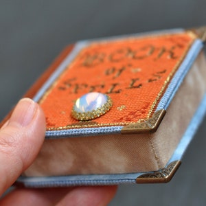 Pu&ograve; includere: Un piccolo libro arancione con bordi dorati e un nastro blu. Il libro &egrave; intitolato "Libro degli Incantesimi" e ha un gioiello iridescente decorativo sulla copertina.