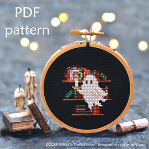 Library Ghost Cross Stitch. Ghost Cross Stitch Pattern. Haunted Library Cross Stitch. Book Worm Cross Stitch. Halloween Cross Stitch Pattern