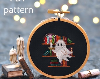 Library Ghost Cross Stitch. Ghost Cross Stitch Pattern. Haunted Library Cross Stitch. Book Worm Cross Stitch. Halloween Cross Stitch Pattern