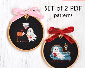 Valentine's Day Cross Stitch. Valentine Ghosts Cross Stitch. Love Ghosts Cross Stitch. Heart Ghosts Cross Stitch. Be my Boo Cross Stitch PDF