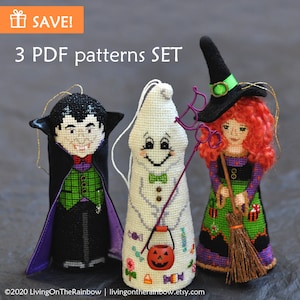 Conjunto de 3 patrones de punto de cruz de Halloween. Patrón de punto de cruz de bruja. Patrón de punto de cruz fantasma. Adornos de punto de cruz de Halloween. Drácula
