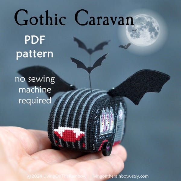 Gothic Camper Cross Stitch Pattern: Vampire Halloween Caravan Pincushion (PDF Pattern)