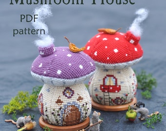 キノコの家クロスステッチPDFパターン - 妖精のキノココテージコア刺繍 - 森のDIY