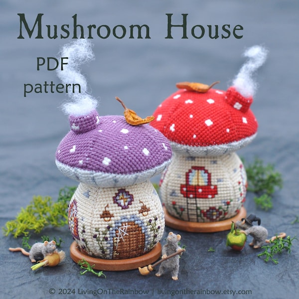 Mushroom House Cross Stitch PDF Pattern - Fairy Toadstool Cottagecore Embroidery - Forest Woodland DIY