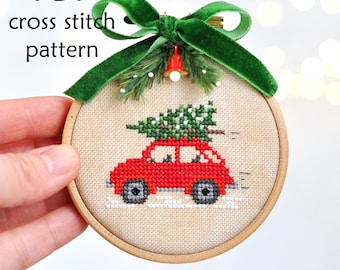 Christmas Car Cross Stitch Pattern. Red Car with Tree Cross Stitch. Christmas Cross Stitch Pattern. Christmas Car with Tree Cross Stitch PDF