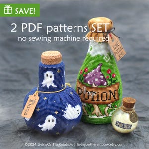 May include: Two cross-stitch patterns for potion bottles. One bottle is blue with white ghosts and says "Boos" on the tag. The other bottle is green with a mushroom and says "Love Potion N40" on the tag.  The patterns are available as a PDF download.