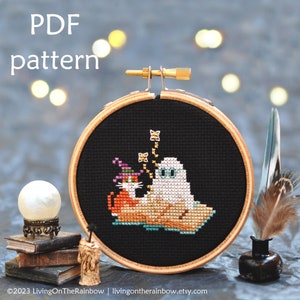 Reading Ghost Cross Stitch. Book Worm Cross Stitch. Ghost Cross Stitch Pattern. Library Ghost Cross Stitch. Halloween Cross Stitch Pattern