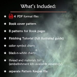 May include: Image lists the contents of a digital product. Text reads "What's Included:" followed by bullet points. Includes 4 PDF files, a book cover pattern, 8 book page patterns, a finishing tutorial, color and black-and-white charts, a thread and materials list, and a Pattern Keeper file.