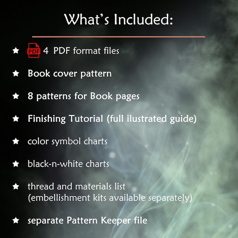 May include: Image lists the contents of a digital product. Text reads "What's Included:" followed by bullet points. Includes 4 PDF files, a book cover pattern, 8 book page patterns, a finishing tutorial, color and black-and-white charts, a thread and materials list, and a Pattern Keeper file.