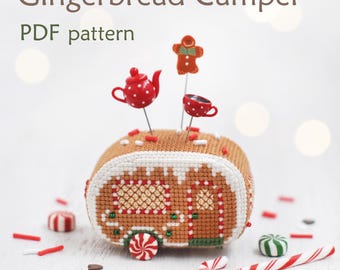 Gingerbread Camper Cross Stitch Pattern: Christmas, Retro Trailer, Ornament, Pincushion (PDF Pattern)