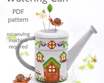 Watering Can Cross Stitch Pattern: 3D Spring Garden (PDF Pattern)