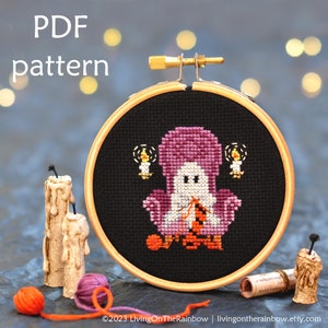 Knitting Ghost Cross Stitch. Ghost Cross Stitch Pattern. Cute Ghost Cross Stitch. Knitter Cross Stitch. Halloween Cross Stitch Pattern. Goth