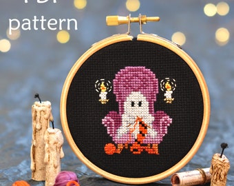 Knitting Ghost Cross Stitch. Ghost Cross Stitch Pattern. Cute Ghost Cross Stitch. Knitter Cross Stitch. Halloween Cross Stitch Pattern. Goth