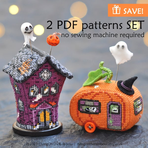 Halloween Cross Stitch Patterns: Haunted House & Pumpkin Camper (2 PDF Patterns Set)