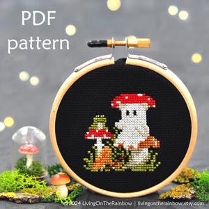 Può includere: Uno schema di punto croce con due funghi su uno sfondo nero. Il fungo più grande ha un cappello rosso con punti bianchi e un gambo bianco. Il fungo più piccolo ha un cappello rosso e un gambo arancione. Entrambi i funghi sono circondati da erba verde.