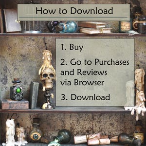 May include: Image with text: "How to Download." Instructions: Buy, go to Purchases and Reviews via Browser, and Download. The image features a shelf with decorative items, including candles, bottles, and books.