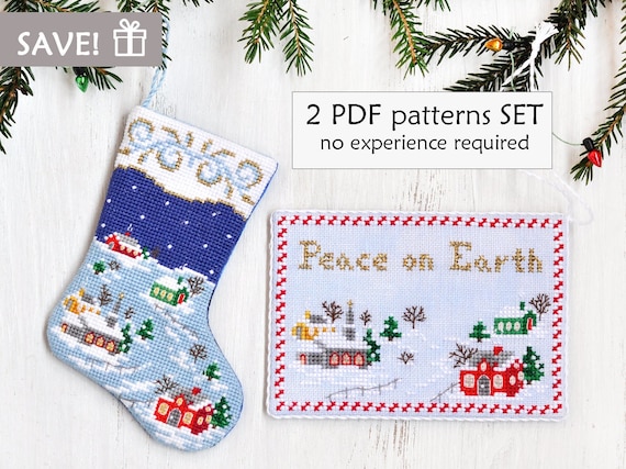 Christmas Cross Stitch Pattern Set: Peace on Earth Card & Small Stocking (2 PDF Patterns)