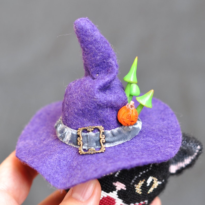 May include: A purple felt witch's hat with a black velvet band and a gold-toned buckle. The hat is decorated with a small orange pumpkin and green mushroom-shaped embellishments.