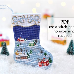 Aurora Cabin Christmas Stocking Counted Cross Stitch Pattern Embroidery  Tree Hand Stitching Decor Embroidery Chart Needlepoint Chart PDF 