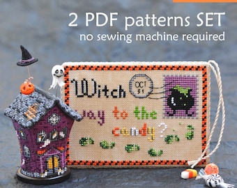 Conjunto de padrões de ponto cruz de Halloween: enfeite e cartão de casa mal-assombrada (2 padrões em PDF)