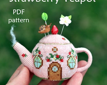Strawberry Teapot Cross Stitch. Tea Cross Stitch Pattern. Tea Time Cross Stitch. Time for Tea Cross Stitch. Tea Party Cross Stitch. 3D Cross