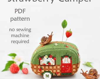 Strawberry Camper Cross Stitch. Camping Cross Stitch Pattern. Vintage Trailer Cross Stitch. Retro Camper Cross Stitch. Berry Caravan 3D