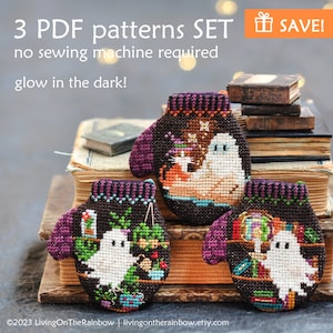 Set of 3 Ghost Cross Stitch Pattern. Library Ghost Cross Stitch. Halloween Cross Stitch. Ghost Cross Stitch Ornament. Book Worm Cross Stitch