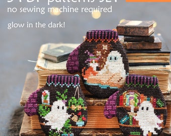 Set of 3 Ghost Cross Stitch Pattern. Library Ghost Cross Stitch. Halloween Cross Stitch. Ghost Cross Stitch Ornament. Book Worm Cross Stitch