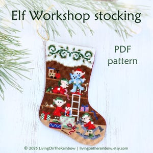May include: A handmade Christmas stocking with an "Elf Workshop" design. The stocking features elves, toys, and a blue teddy bear. The top is white with green detailing, and the body is brown. The text "PDF pattern" is also visible.