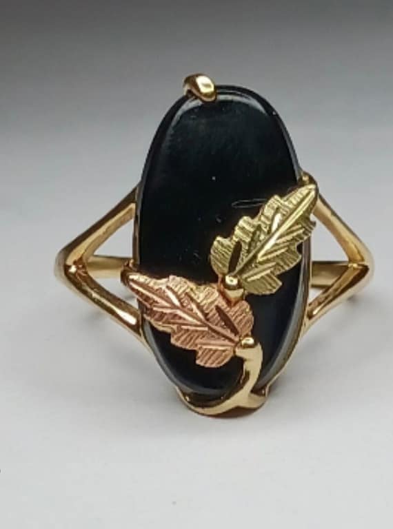 Oval Black Onyx Leaf Ring 10K Yellow Gold Band Si… - image 1