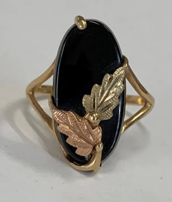 Oval Black Onyx Leaf Ring 10K Yellow Gold Band Si… - image 2
