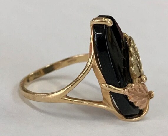 Oval Black Onyx Leaf Ring 10K Yellow Gold Band Si… - image 5