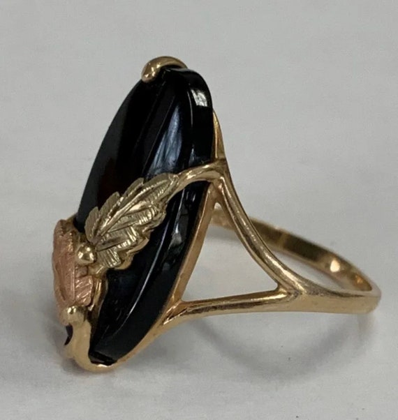 Oval Black Onyx Leaf Ring 10K Yellow Gold Band Si… - image 3