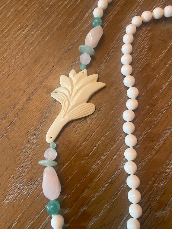 Hand Carved white Agate, Jade and Rose Quartz Bead