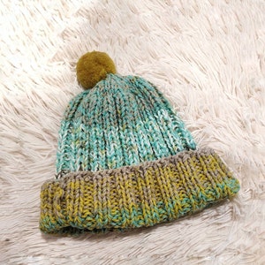 Colorful Knit Beanie with Pompom - READY TO SHIP, Adult size, Ribbed beanie, unisex beanie, hand knit, slouchy hat, knit cap