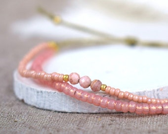 ARMBAND mehrreihig in pfirsichrosa-gold, Rhodocrosit, Perlenarmband, Saatperlen, Boho, Geschenk