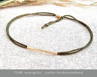 TUBE bracelet in green silk with golden tube bead, adjustable size, pure silk, free gift card included