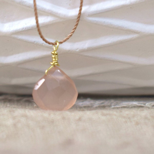 CHALZEDON Silk Necklace, Adjustable, Pure Silk, Pink Stone, Brass, 925 Sterling Silver or 14K Gold Filled, Lariat Necklace, Gift