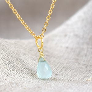 Gold chain with blue stone, chain with chalcedony, gold chain with drop pendant, birthday gift, inner peace