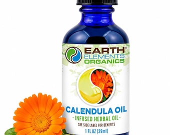 May include: A cobalt blue glass dropper bottle of Earth Elements Organics Calendula Oil. The white label features a green logo, a yellow and orange flower graphic, and text stating 1 fl oz (29ml). An orange calendula flower sits at the base.