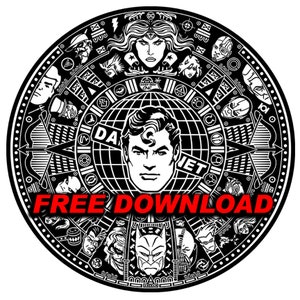 May include: Black and white illustration of a circular design featuring various superhero characters from DC Comics. The centre of the design features Superman's face with the words "DA JET" above and below. The text "FREE DOWNLOAD" is written in red across the bottom of the design.
