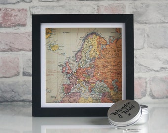 Pin Map Frame Europe // Small 20 x 20 Free Standing // Vintage World Map // Adventure // Travel