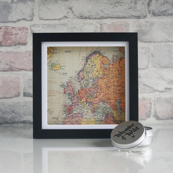 Pin Map Frame Europe // Small 20 x 20 Free Standing // Vintage World Map // Adventure // Travel