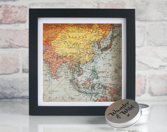 Pin Map Frame Azië//klein 20 x 20 vrijstaand//punaise vintage wereldkaart//avontuur//reizen