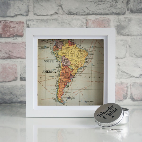 Pin Kartenrahmen Südamerika // Klein 20 x 20 Freistehend // Push Pin Vintage Weltkarte // Adventure // Travel